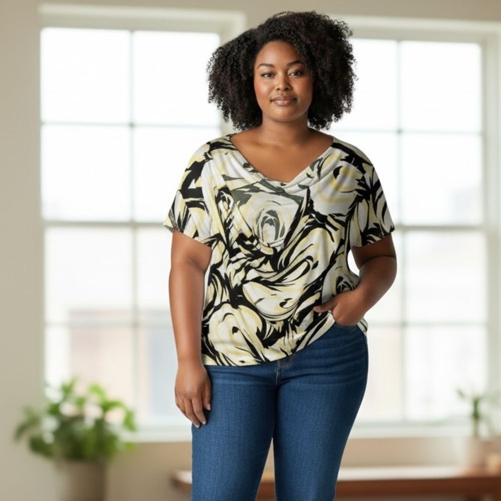 Chico's Black Yellow White Abstract Blouse Top 3 16 XL
